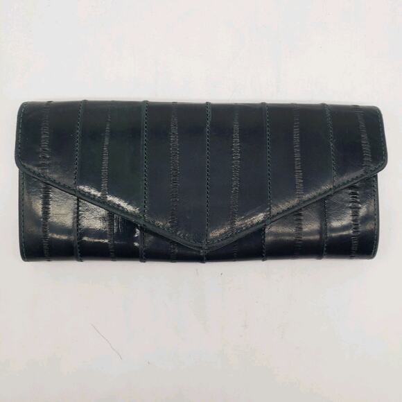 VTG Eel Skin Womens‎ Wallet Black Or Very Deep Green. Green Stitching & Interior - Picture 15 of 16